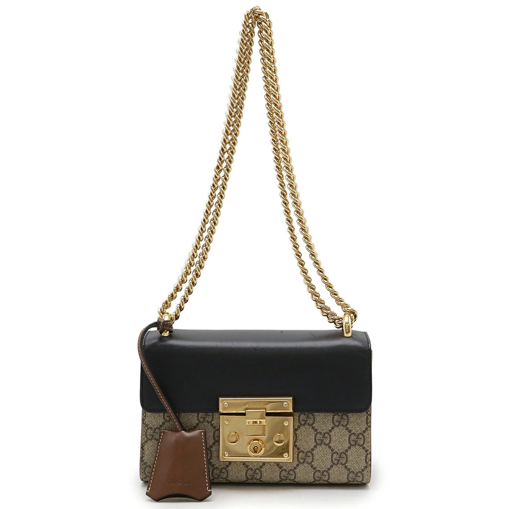 Gucci GG Supreme Padlock Shoulder Bag Chain Strap Leather Black Beige Cream
